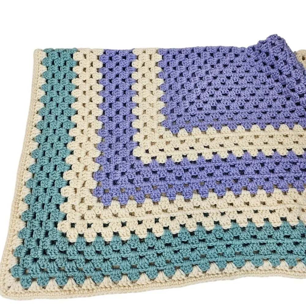 VTG Crochet Handmade Knit Throw Lap Blanket Muted Tone Green Purple Grannysquare